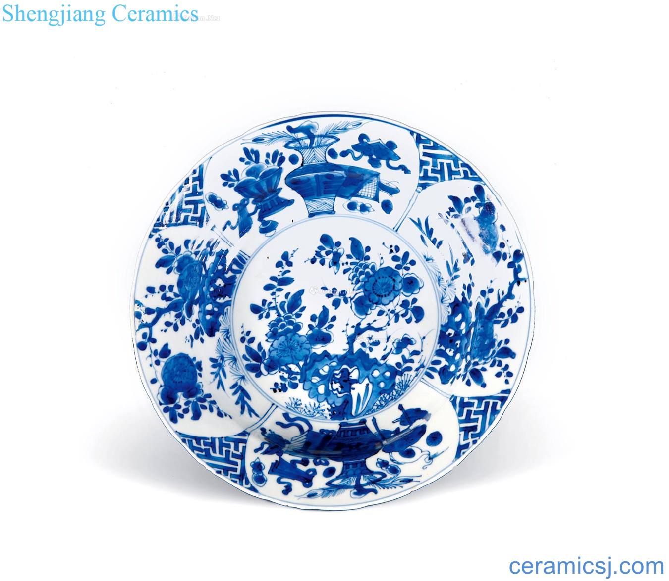 The qing emperor kangxi Blue and white antique flower grain fold along the plate