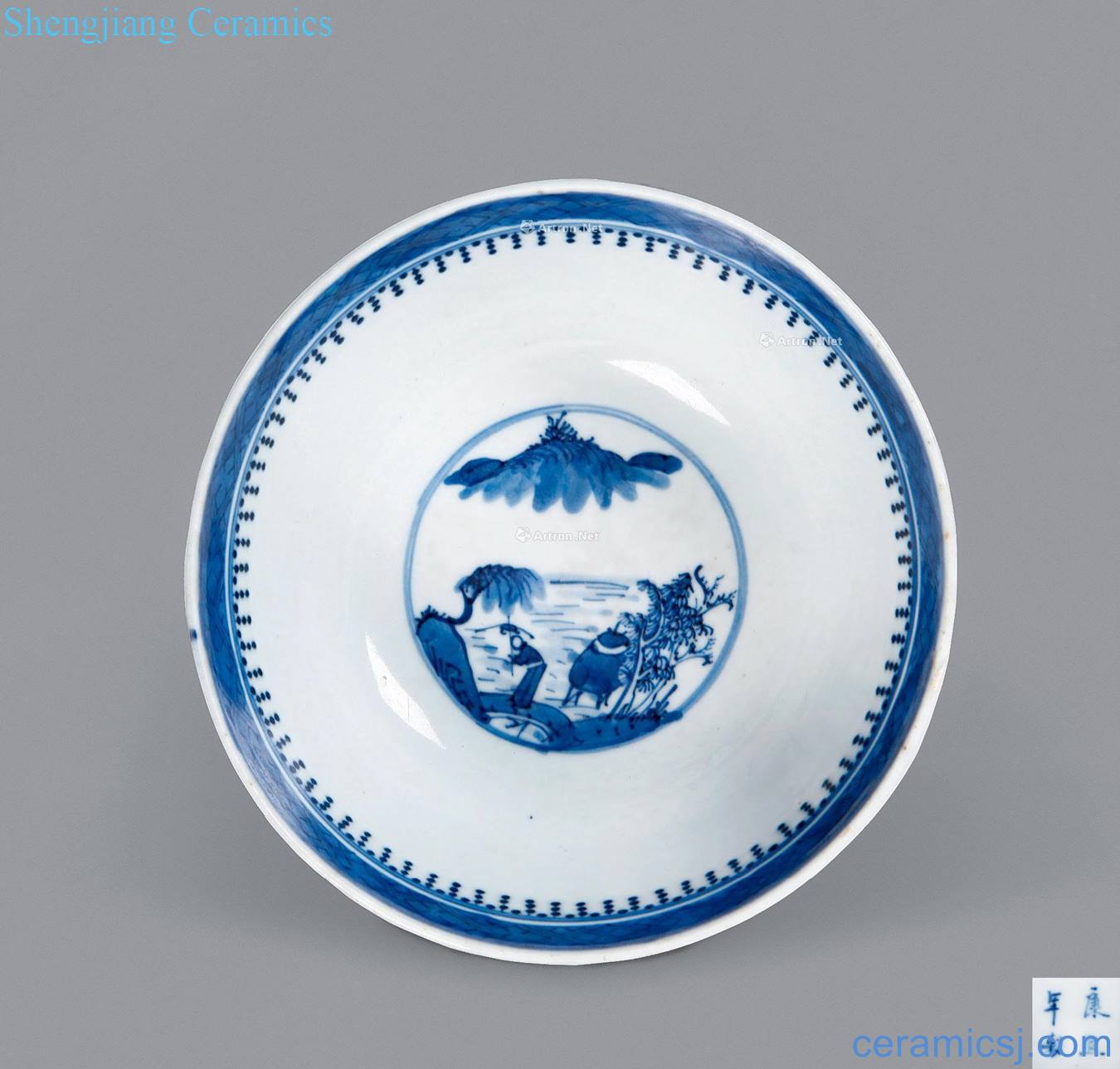 Qing guangxu Blue and white landscape pavilions green-splashed bowls