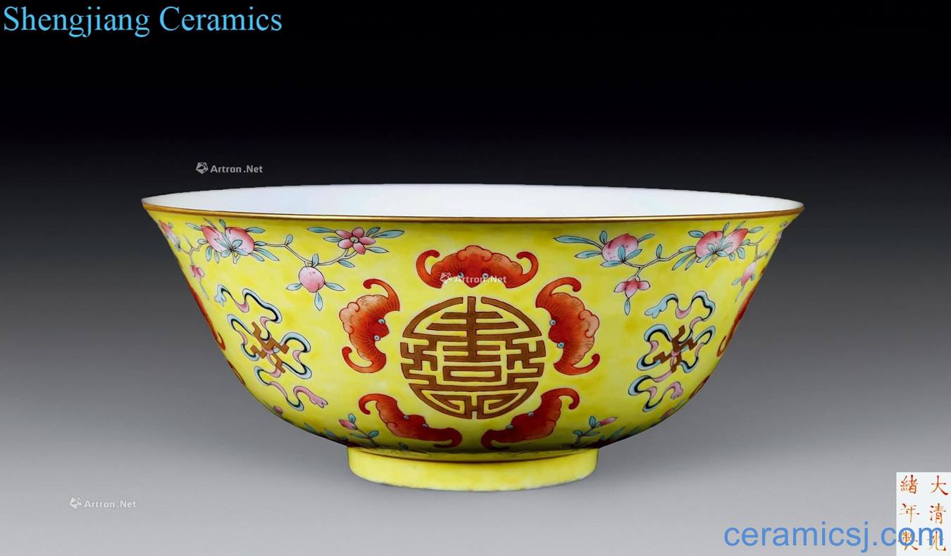 Qing guangxu Yellow glaze, enamel paint wufu holding bowl of long life