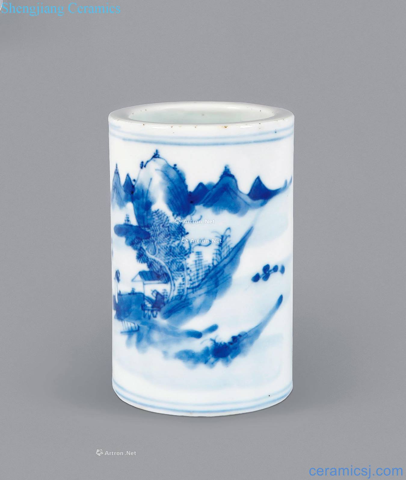 Qing guangxu Blue and white landscape pen container