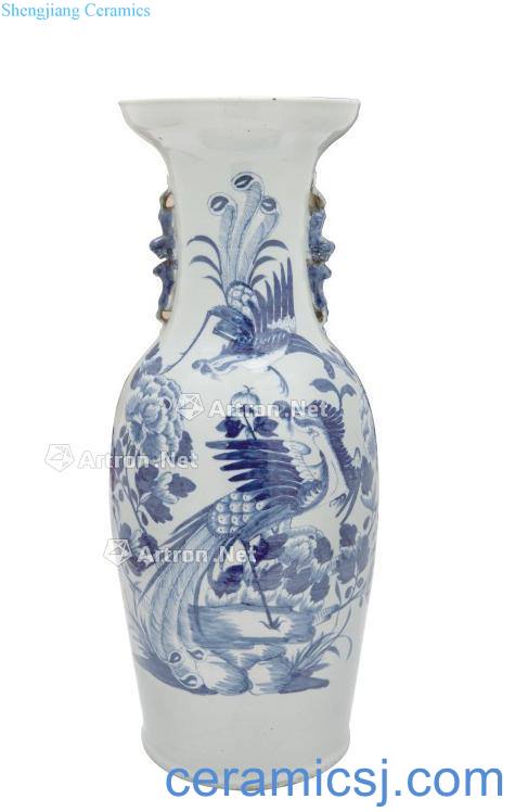 qing Blue and white double FeiFeng peony double lion ear wash mouth bottle