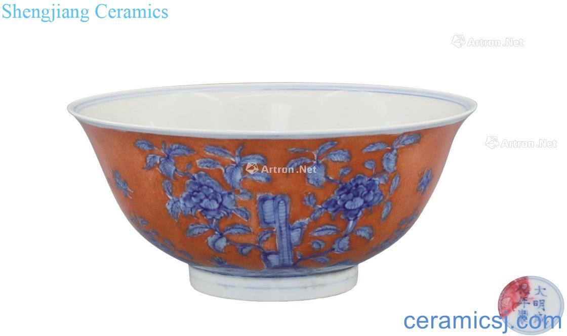 Red to blue and white flowers green-splashed bowls