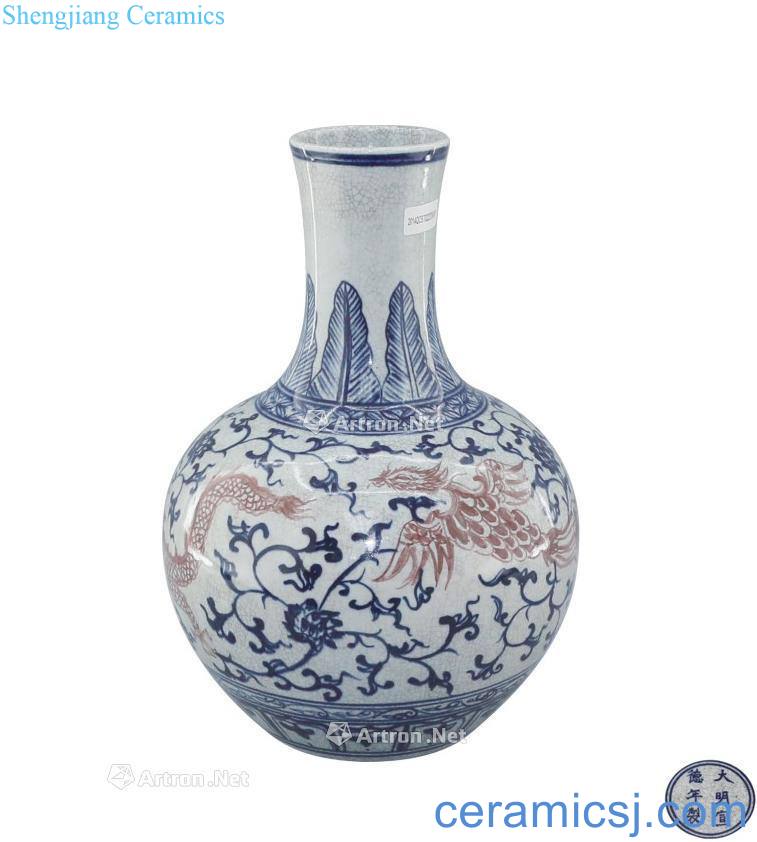 Blue and white youligong red dragon grain bottle