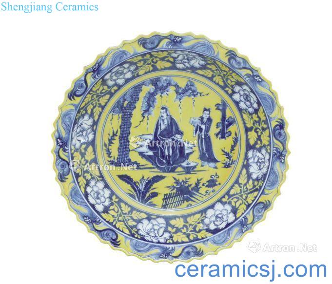 Ming Yellow and blue character wen ling mouth fold along the plate
