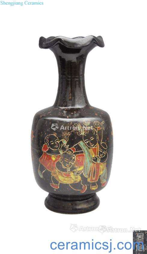 The song dynasty sauce glaze painted golden flower bottle mouth