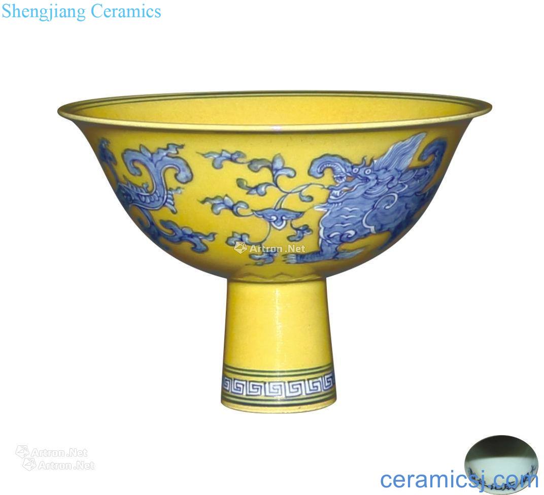 Yellow, blue and white dragon grain footed bowl