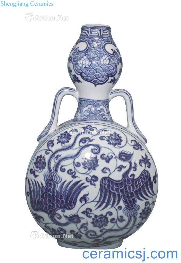 Ming yongle Blue and white double phoenix wear grain ribbon flat bottles