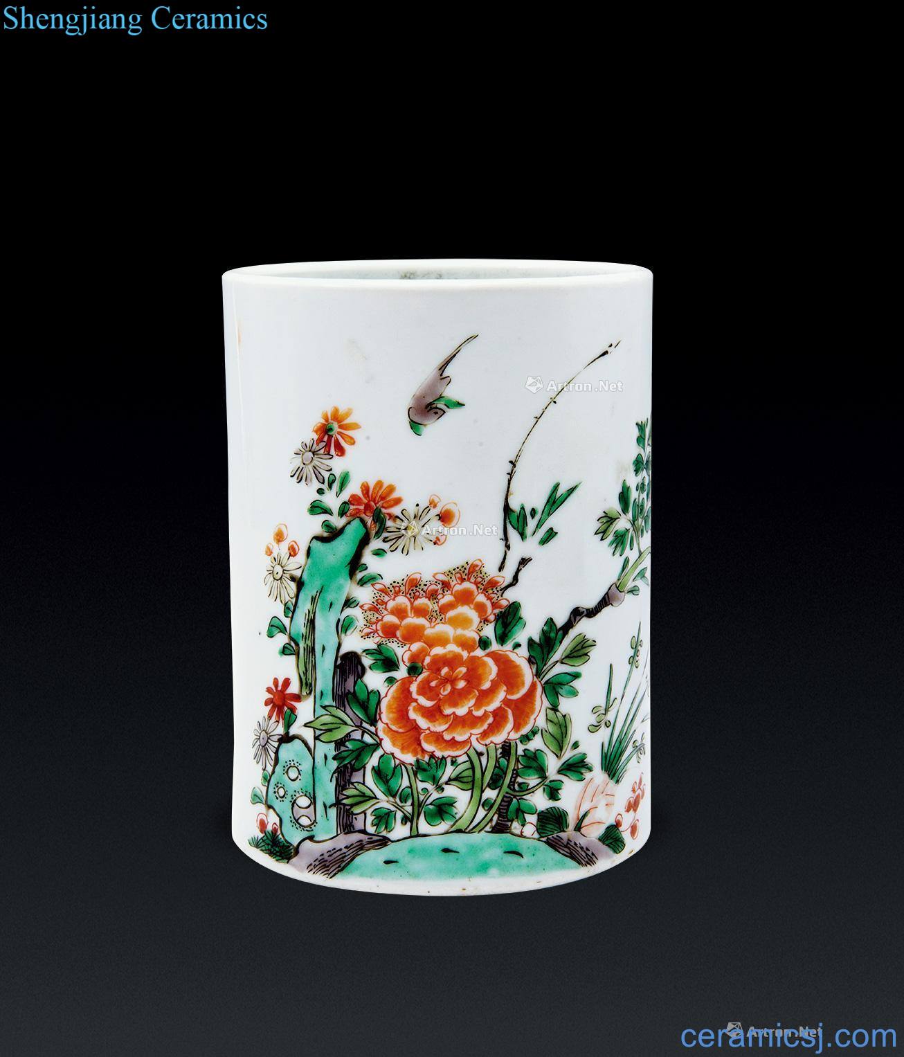 qing Colorful flowers poetry brush pot