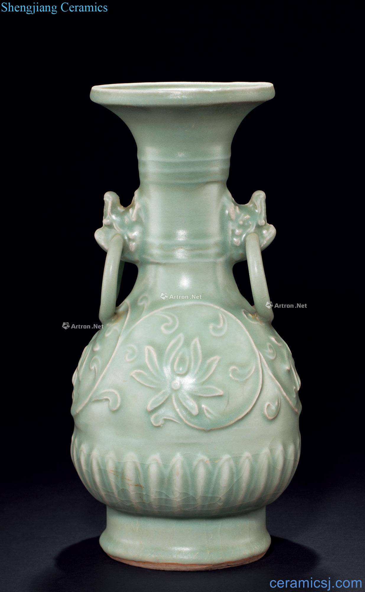 Ming or earlier Longquan celadon green glaze printing heads bit ring mouth bottle