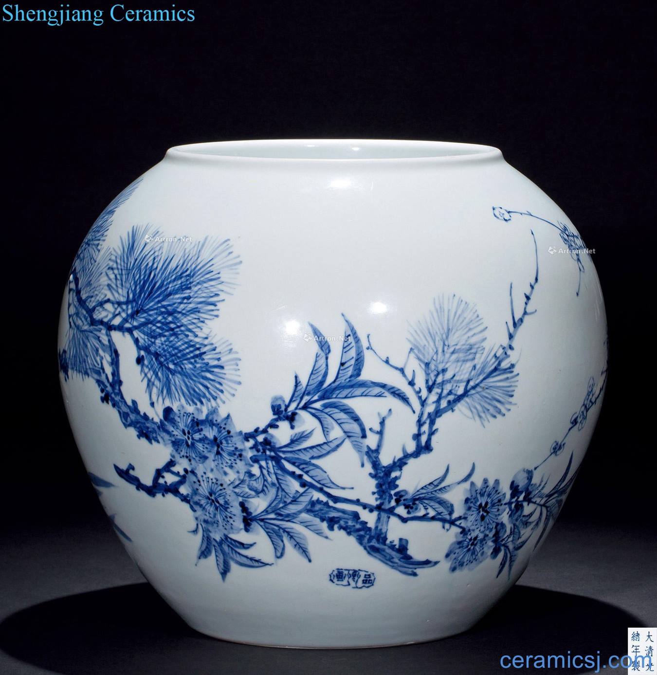 Qing guangxu Blue and white floral print cylinder Jin Pinqing painting