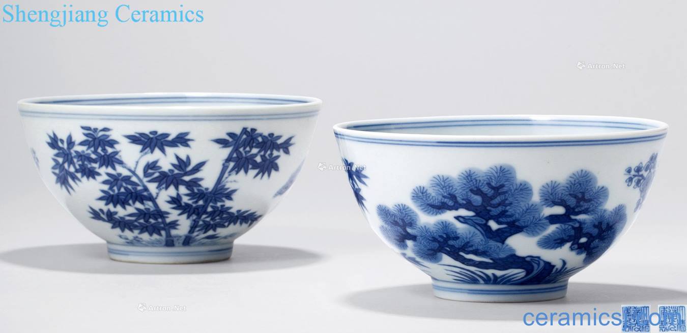 Qing daoguang Blue and white shochiku green-splashed bowls (a)