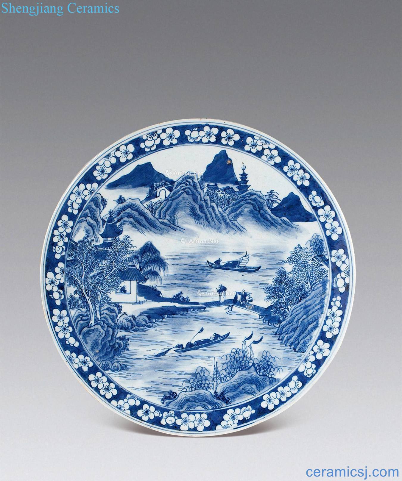 qing Blue and white landscape character figure porcelain plate