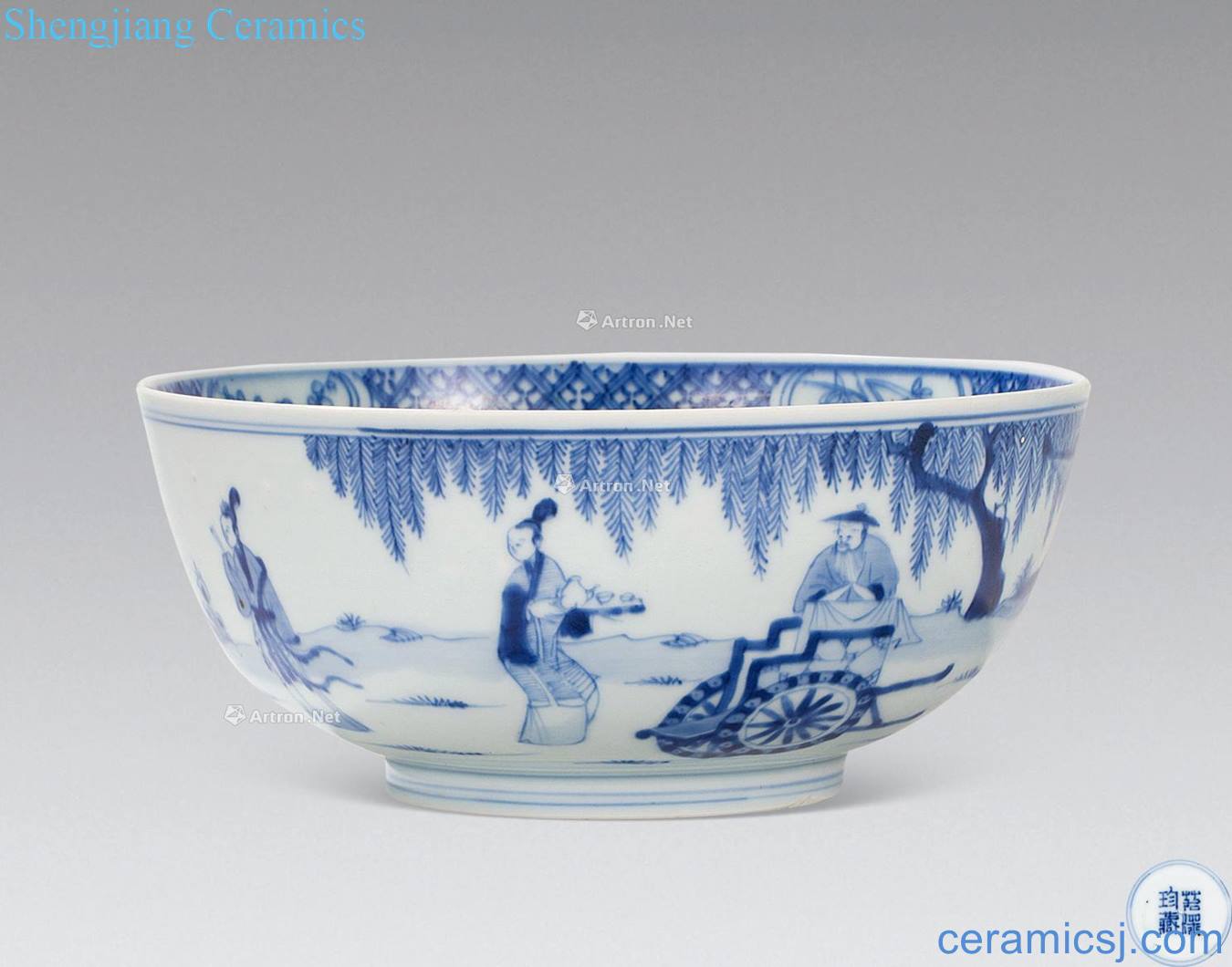 The qing emperor kangxi Blue and white pavilion send-off figure bowl
