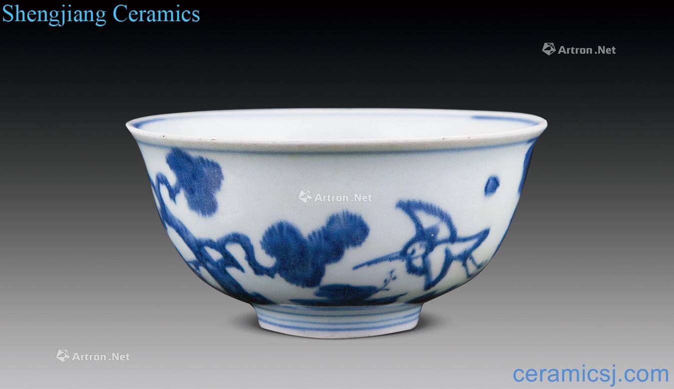 Ming Blue and white pine crane green-splashed bowls