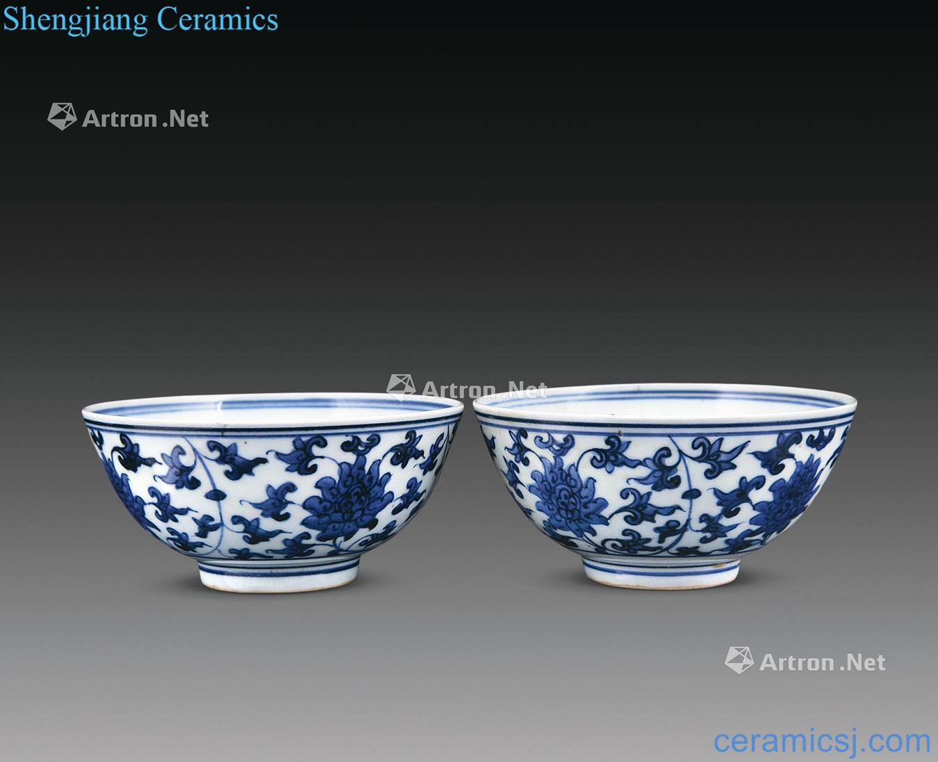 Ming Blue and white tie up branch lotus green-splashed bowls (a)