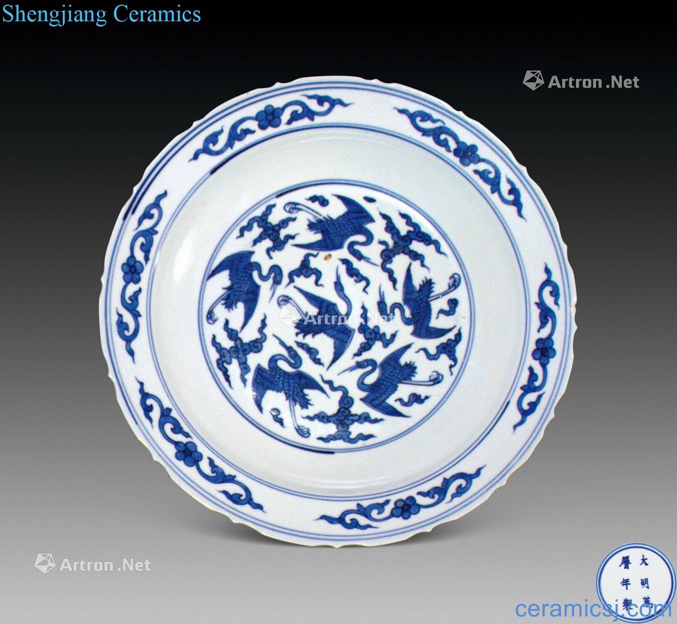 Ming Blue and white cranes plate
