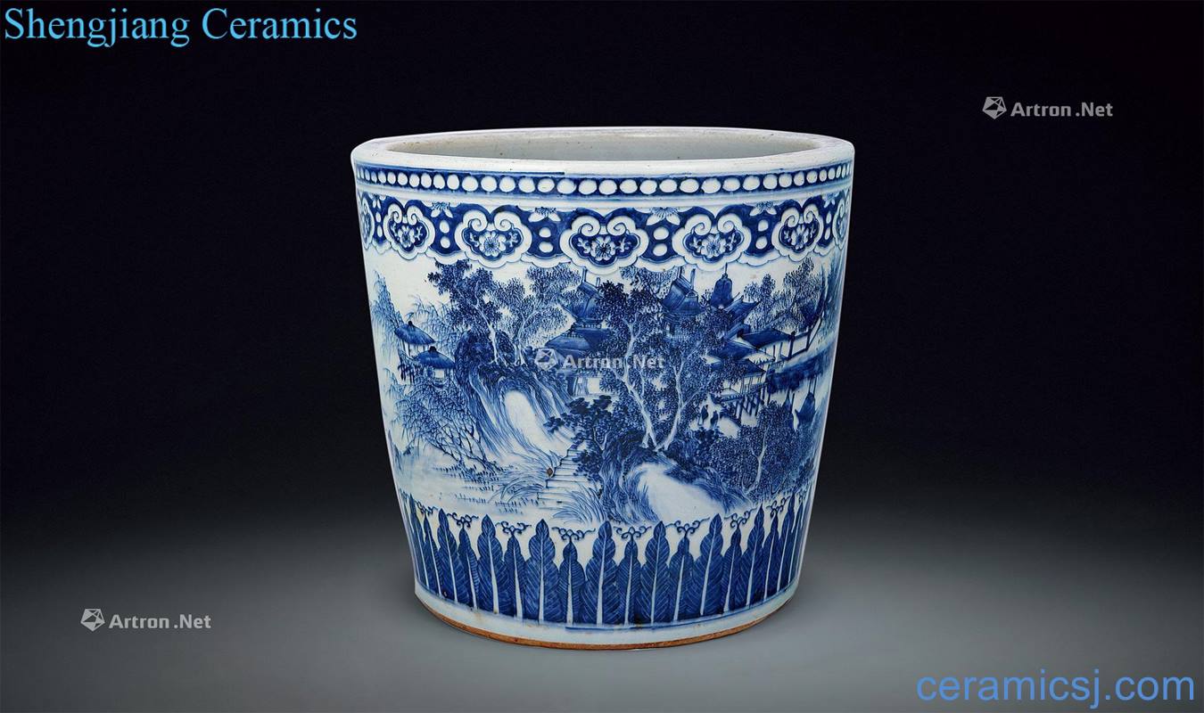 qing Blue and white landscape character lines cylinder