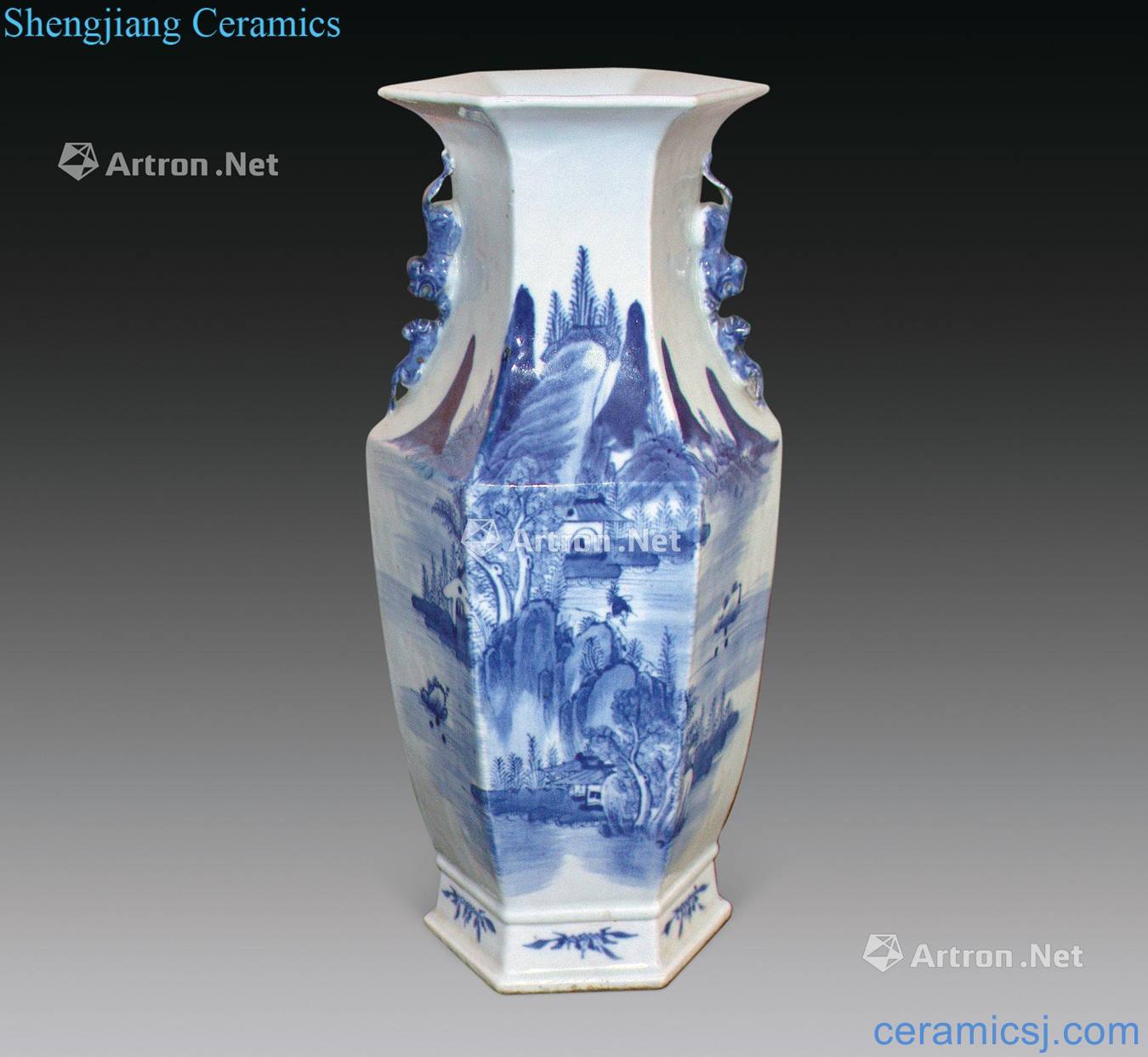 qing Blue and white landscape beast ear vase