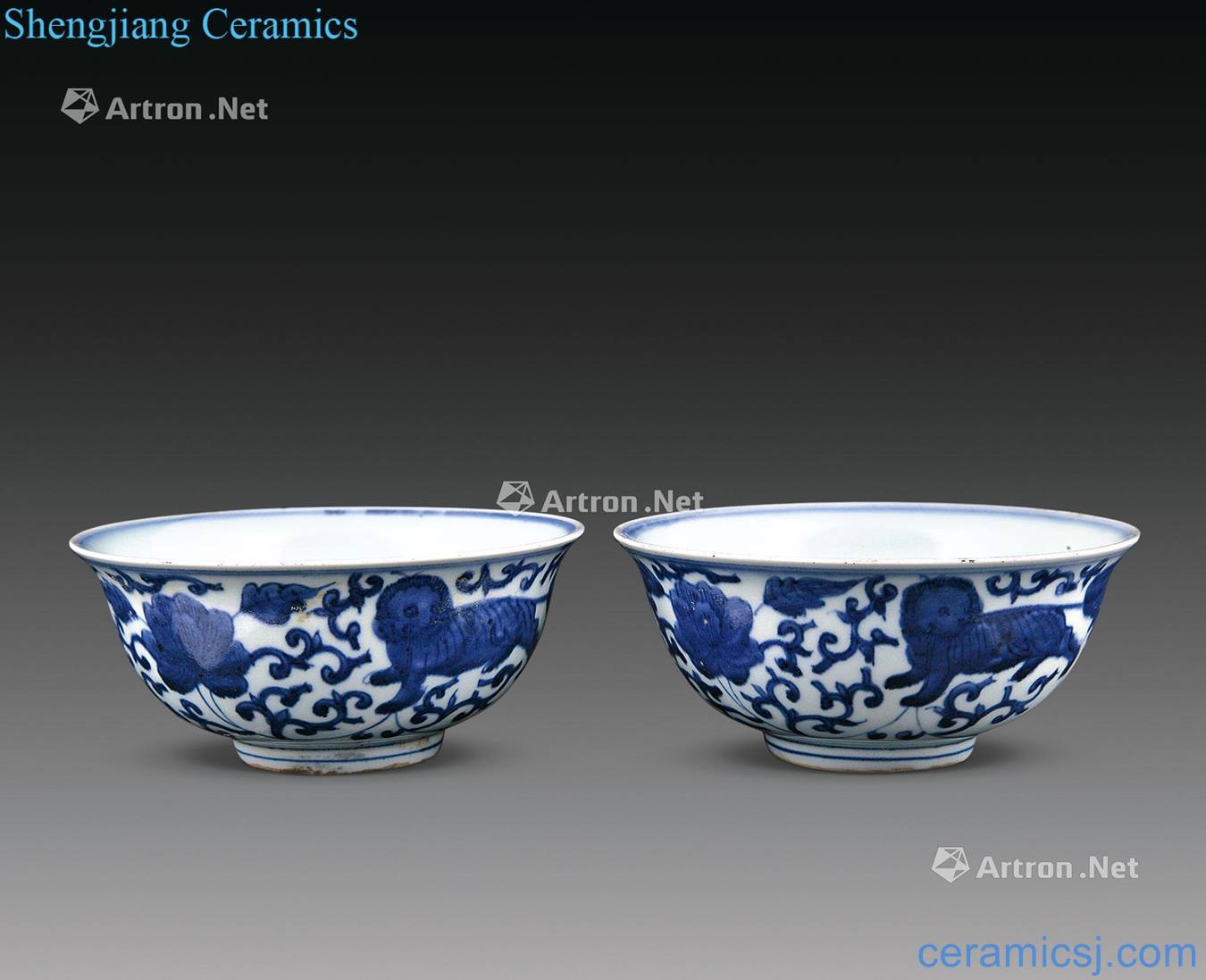 Ming Blue and white tie up branch double lion green-splashed bowls (a)