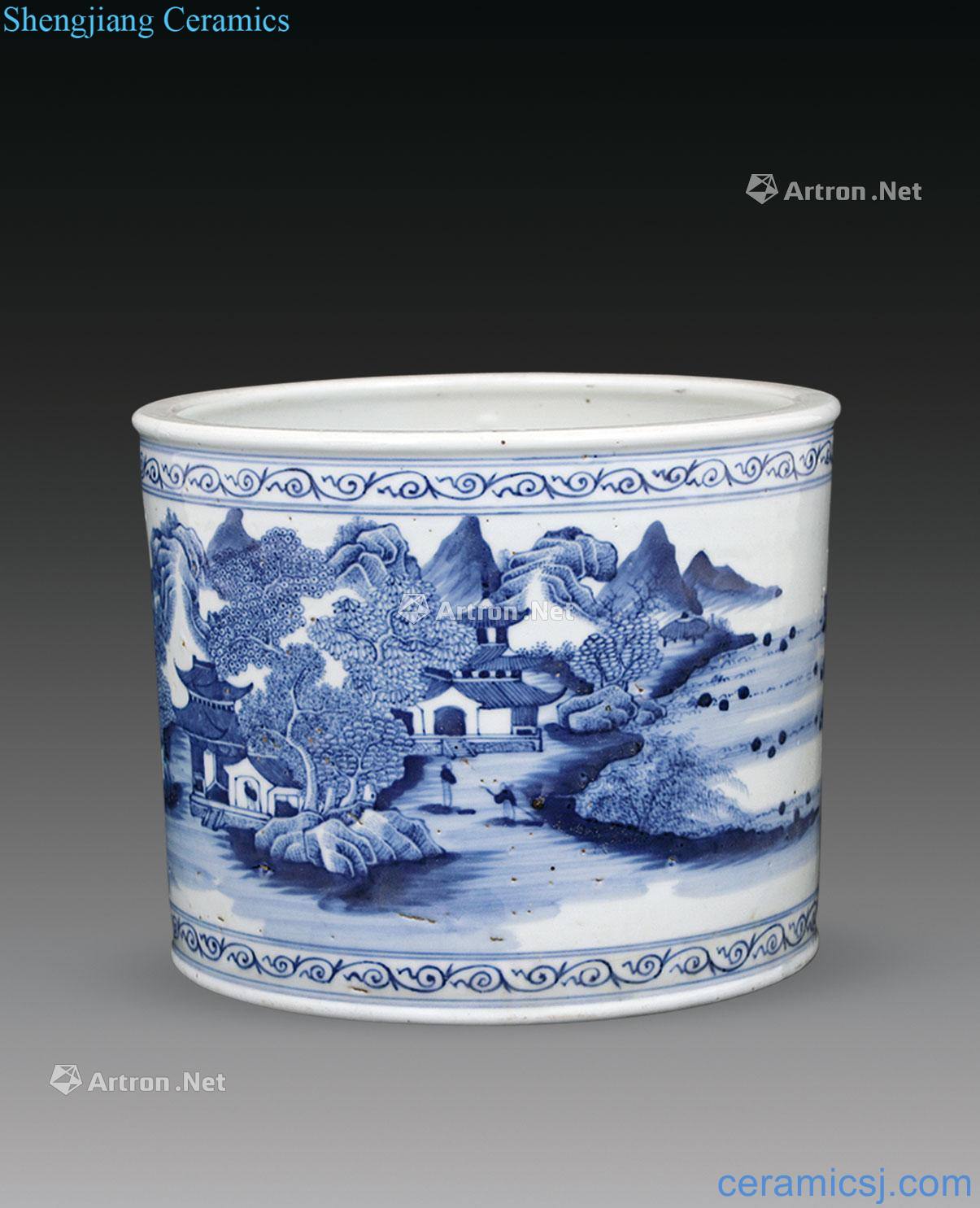 qing Blue and white landscape pattern brush pot