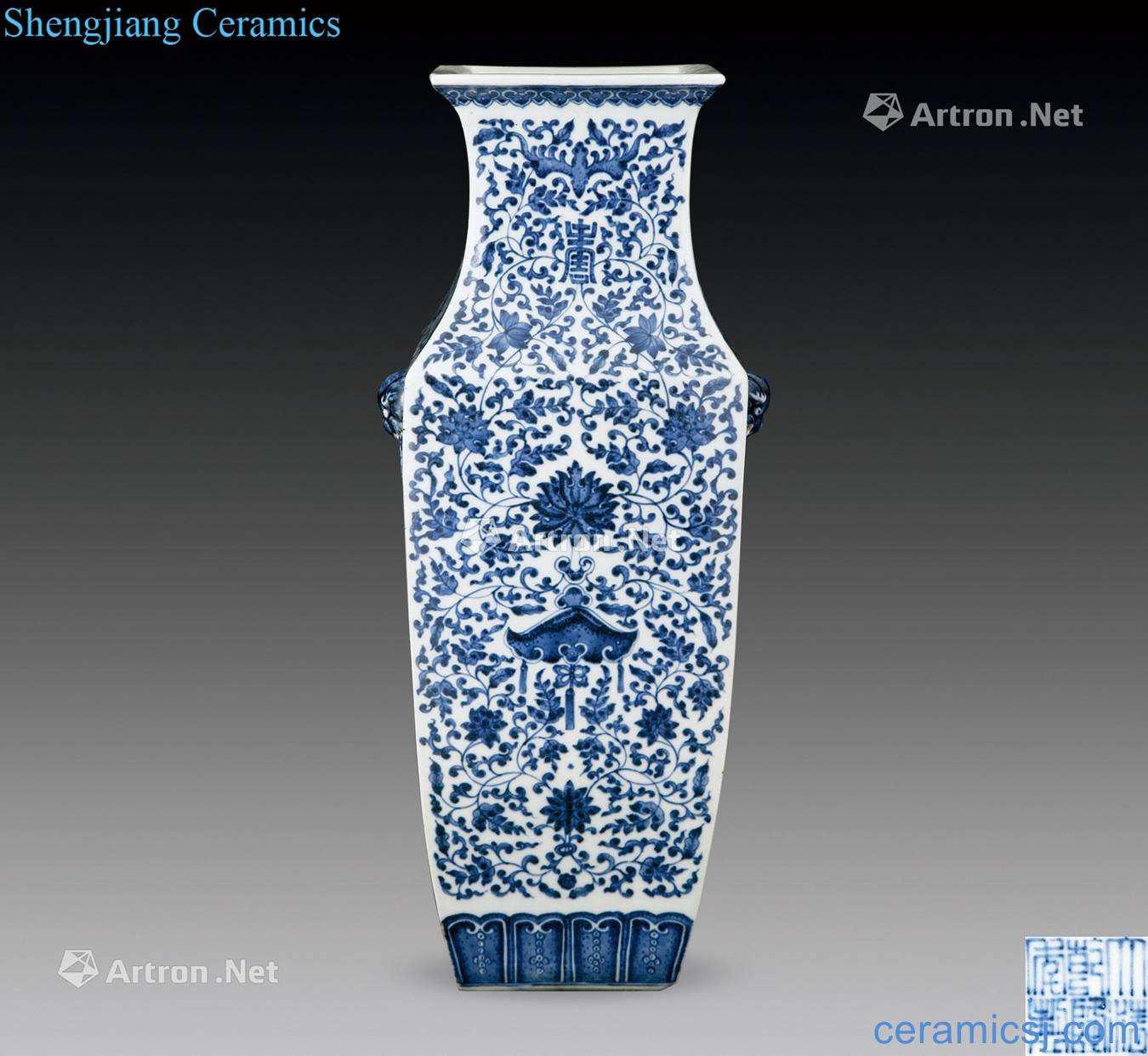 qing Blue and white double beast ear branch square bottles