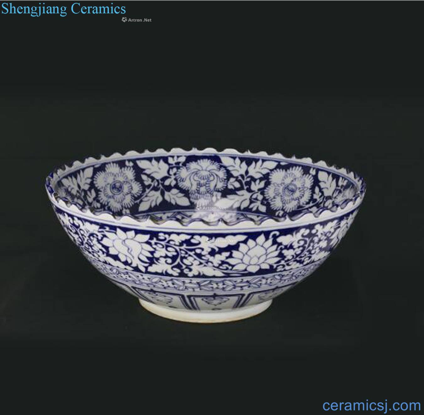 yuan Blue blue glaze white YunLongWen branch peony mouth big bowl
