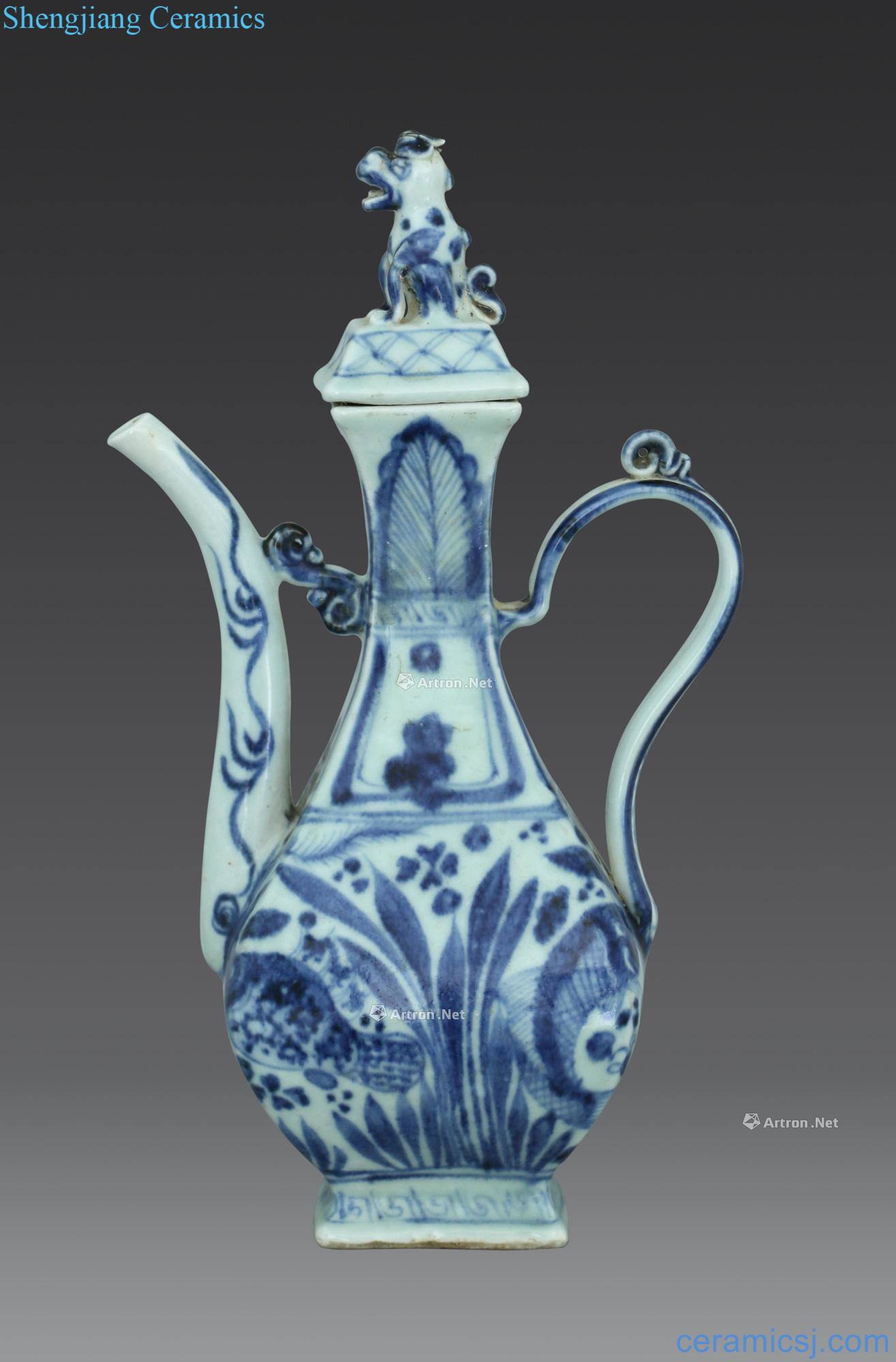 yuan Blue and white fish grain benevolent sifang ewer