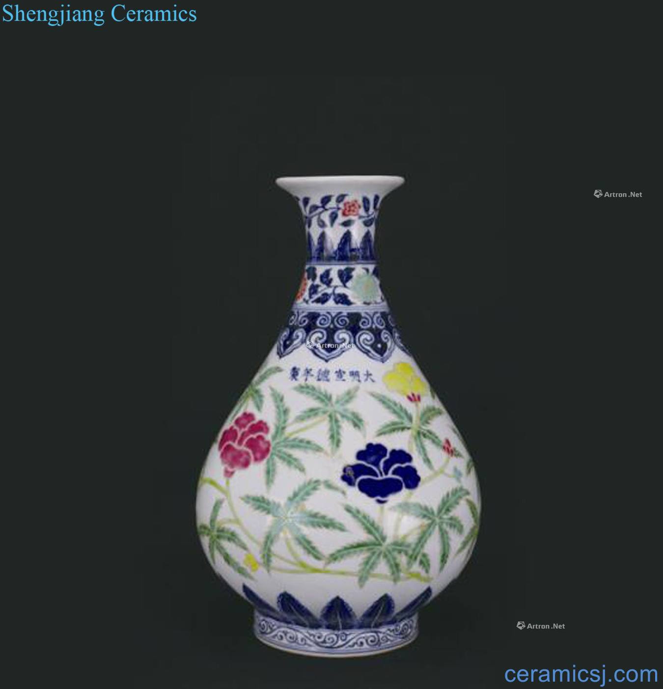 Ming Blue and white paint colorful flowers okho spring bottle