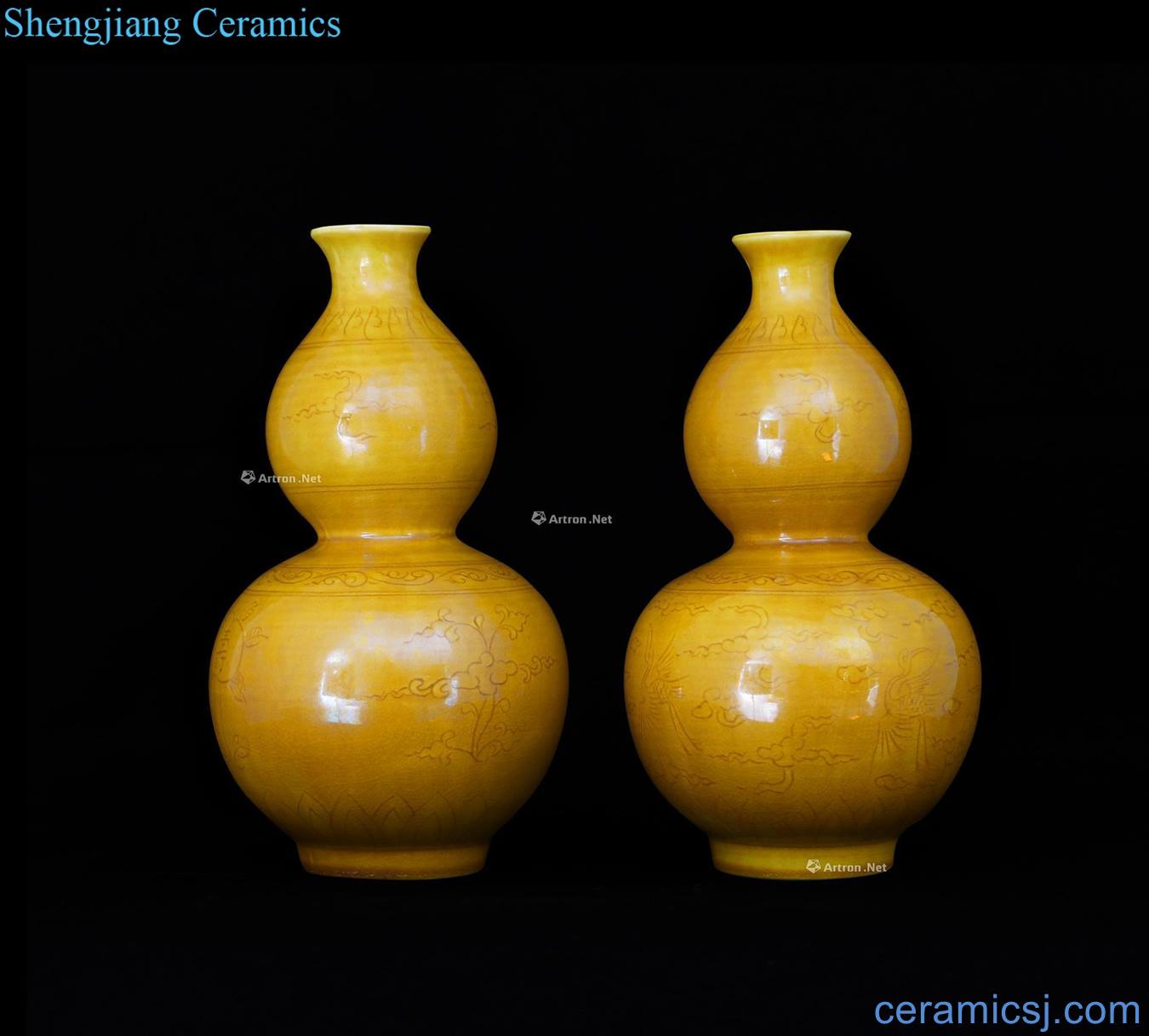 Ming Dark yellow glaze carved dragon ruyi live lines bottle gourd (a)