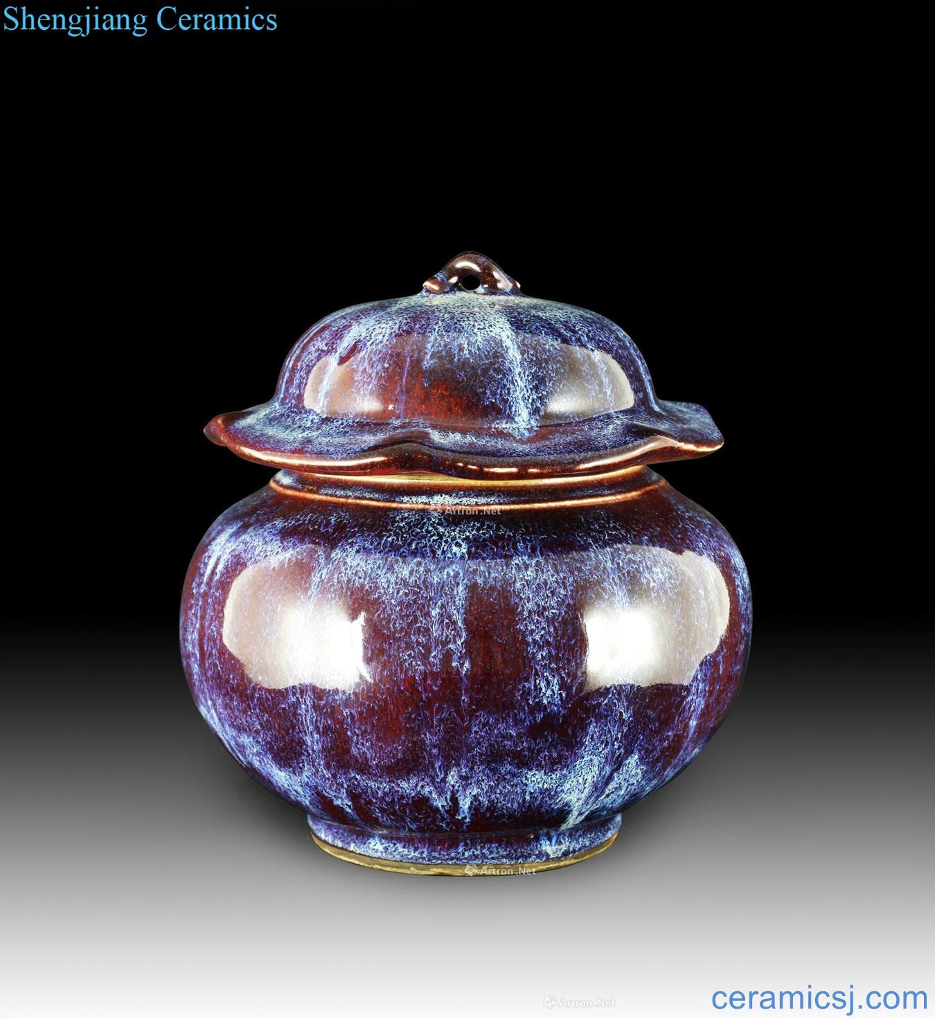 Yuan/Ming Pa red glaze obsidian lotus leaf cover tank