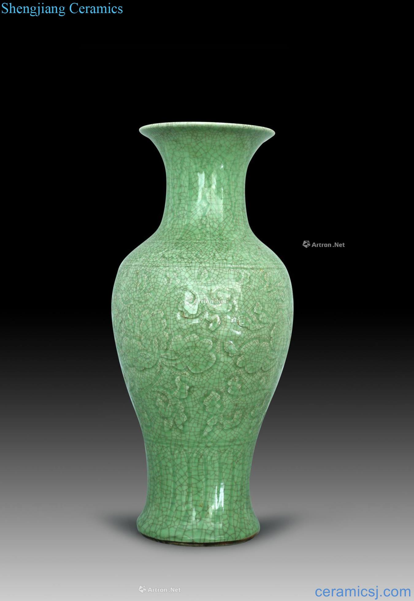 Ming Longquan celadon pea green glazed carved carved flower goddess of mercy bottle