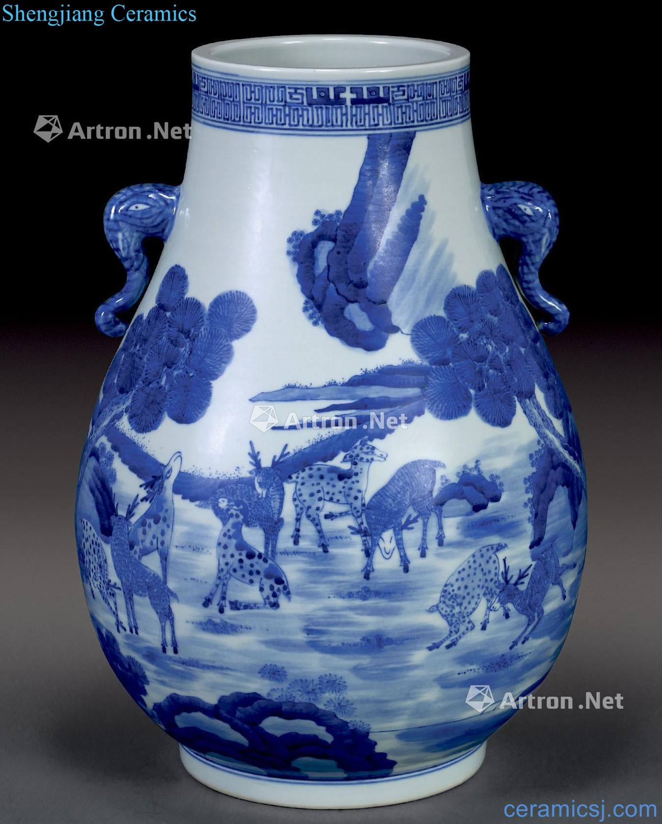 qing Blue and white pine deer statue
