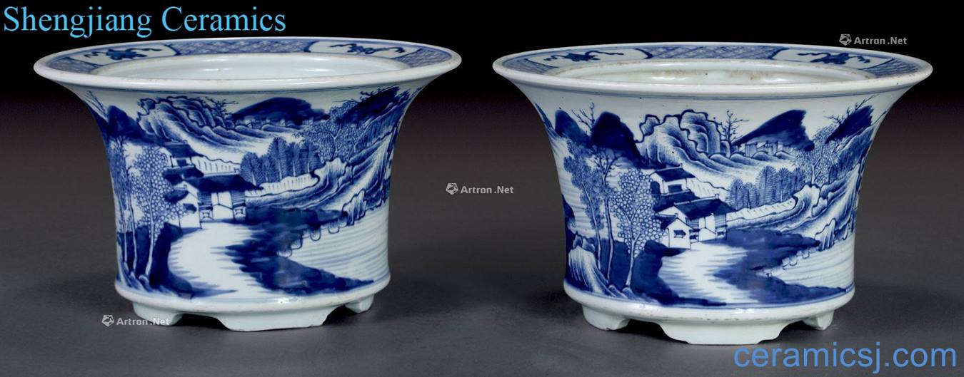 qing Blue and white landscape flower pot (2)