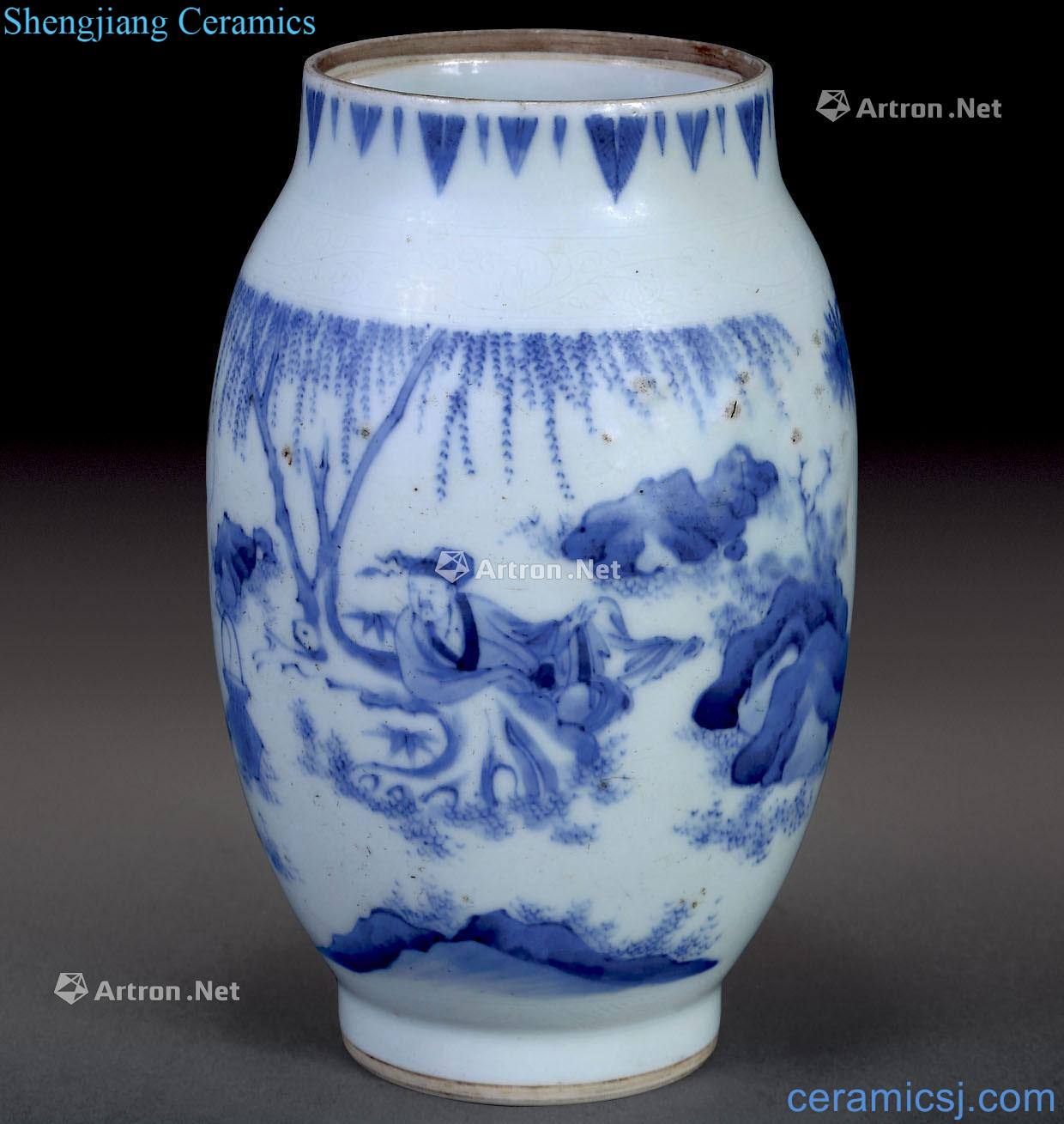 qing Blue and white lotus seed tank landscape characters
