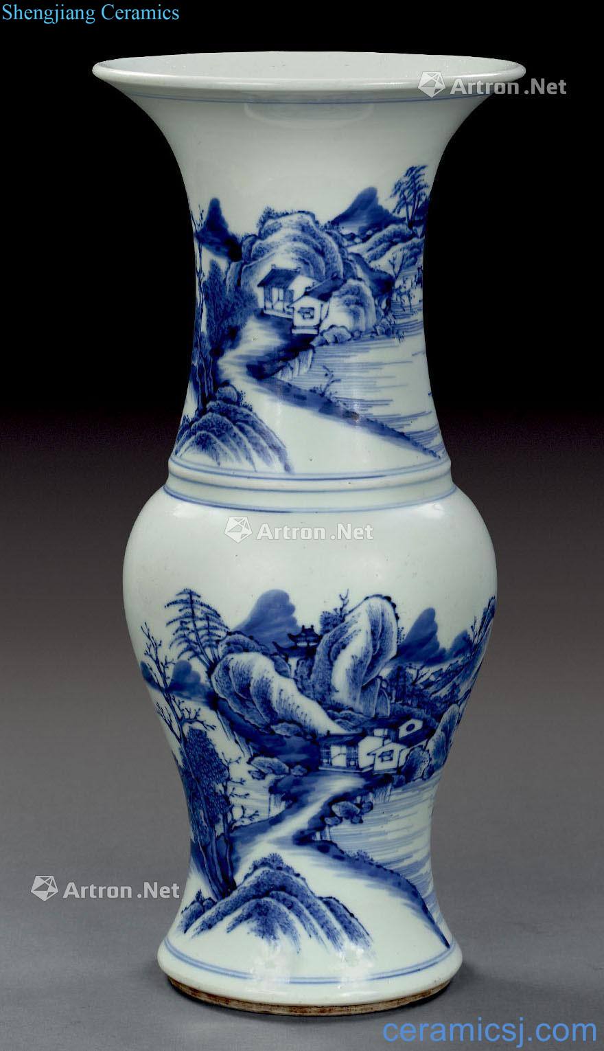 qing Blue and white landscape pattern vase with flowers