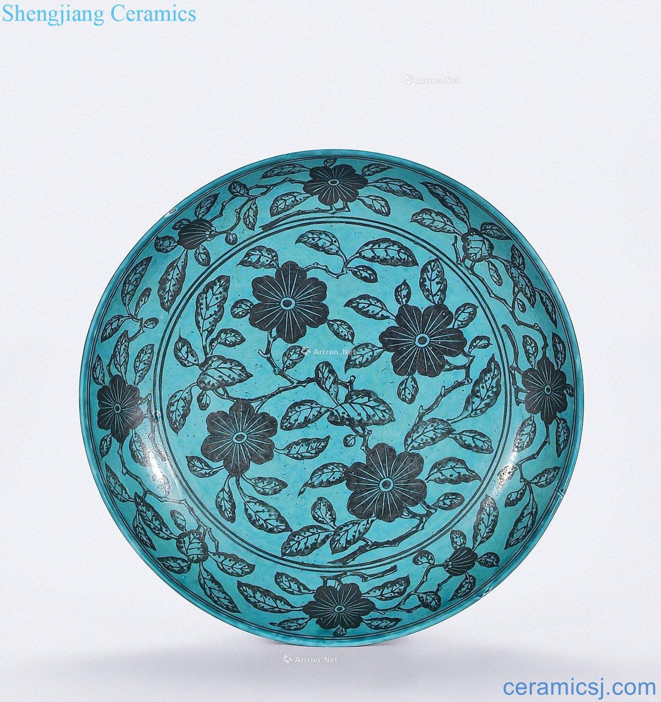 Ming jiajing Malachite green glaze blue ruffled flowers painting grain market
