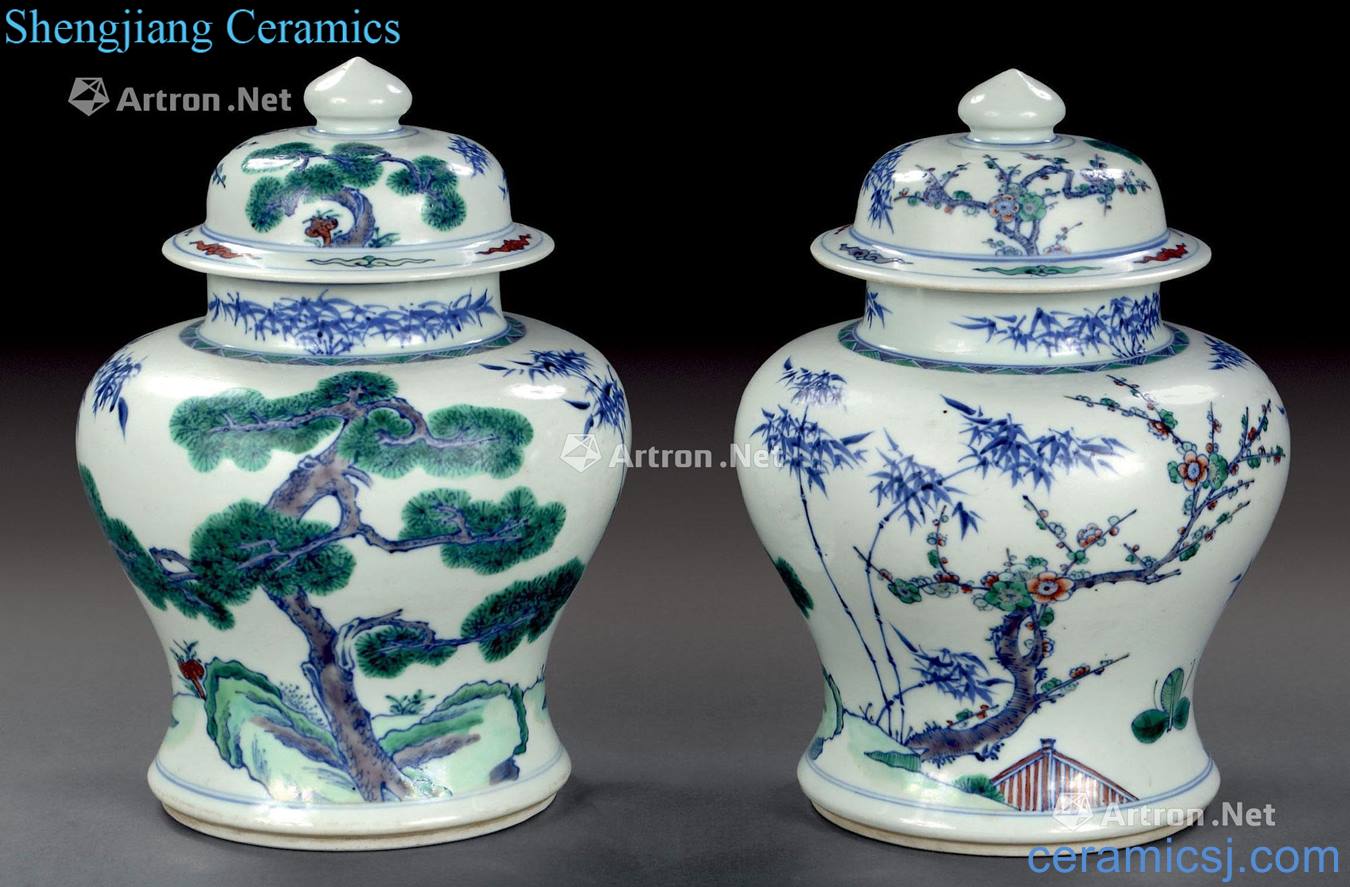 Qing dynasty blue and white color bucket shochiku mei general tank (2)