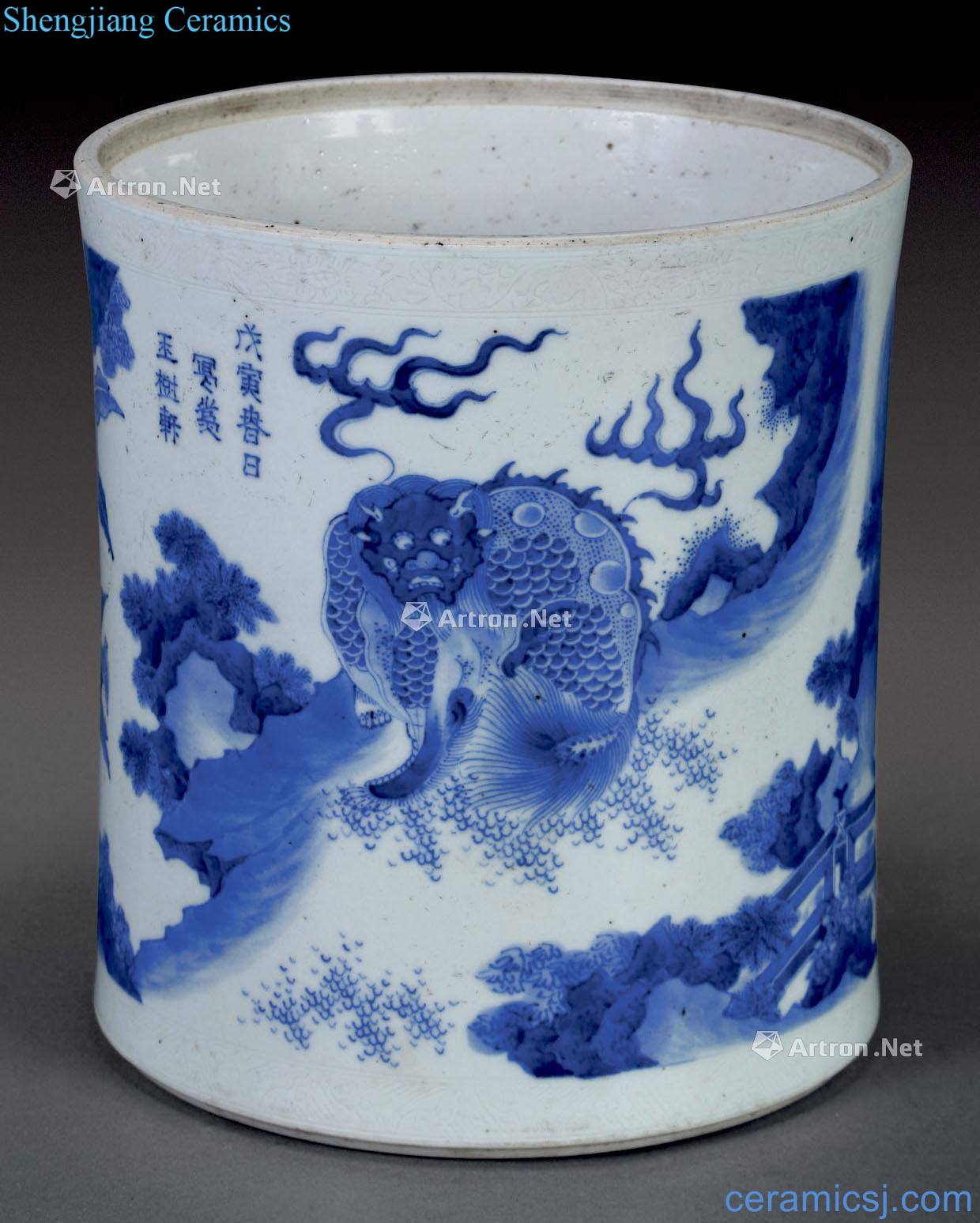 Ming chongzhen Blue and white banana benevolent brush pot