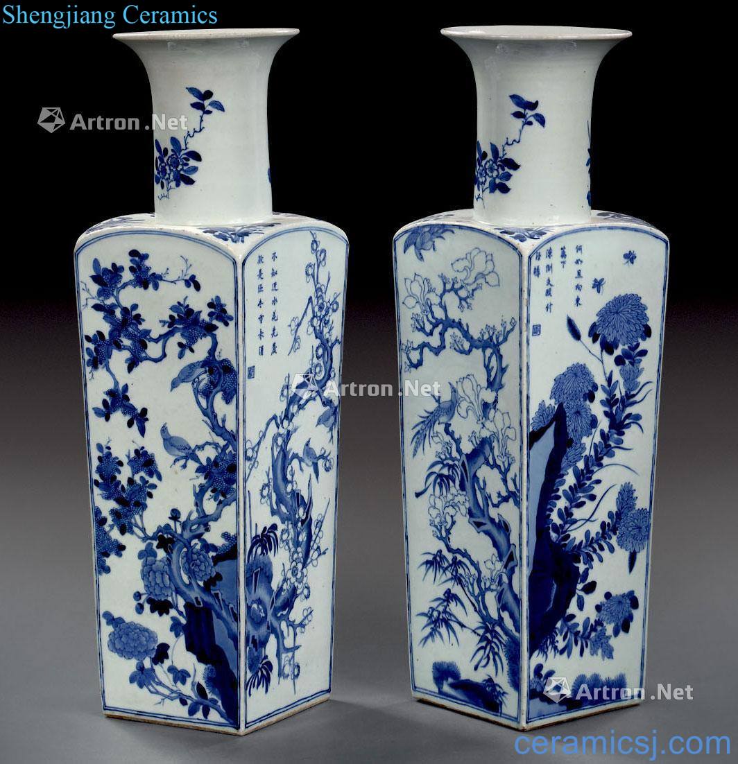 Qing dynasty blue and white flower grain square bottle (2)