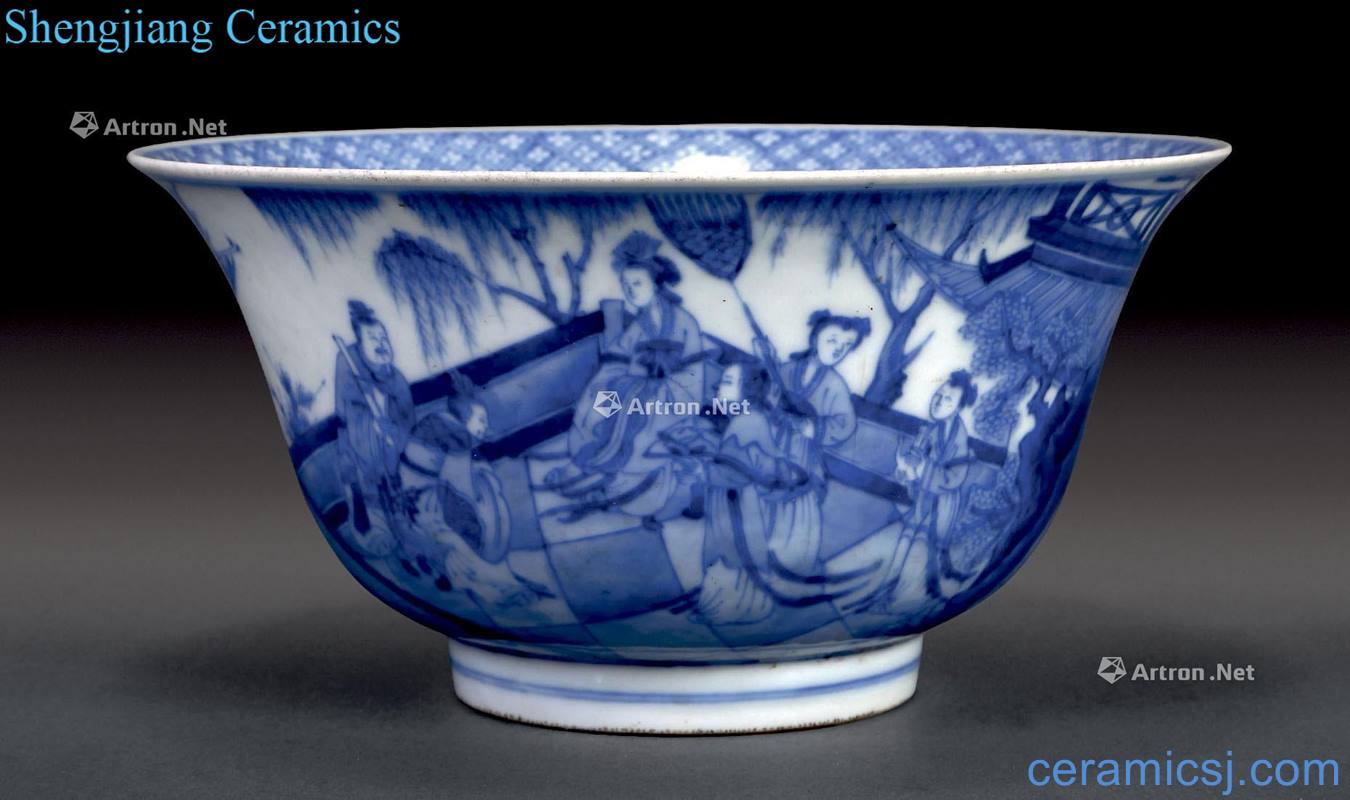 qing Blue and white landscape character bowl