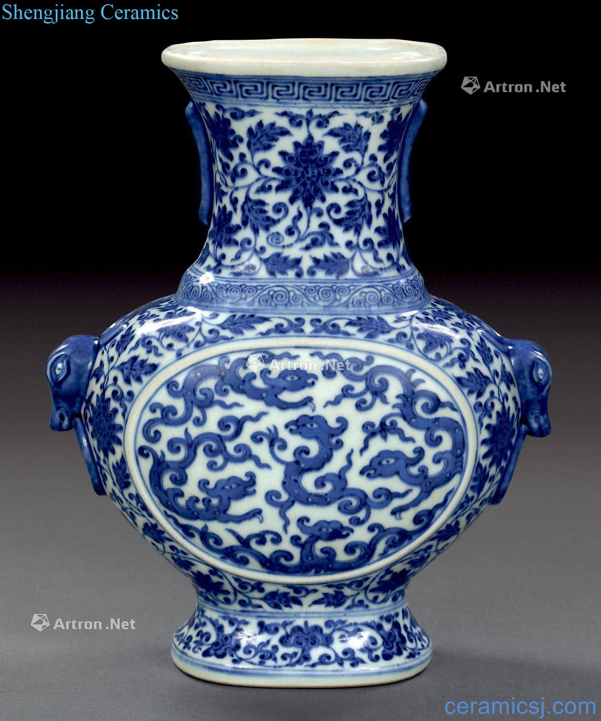 qing Blue and white flower medallion around branches dragon bottle