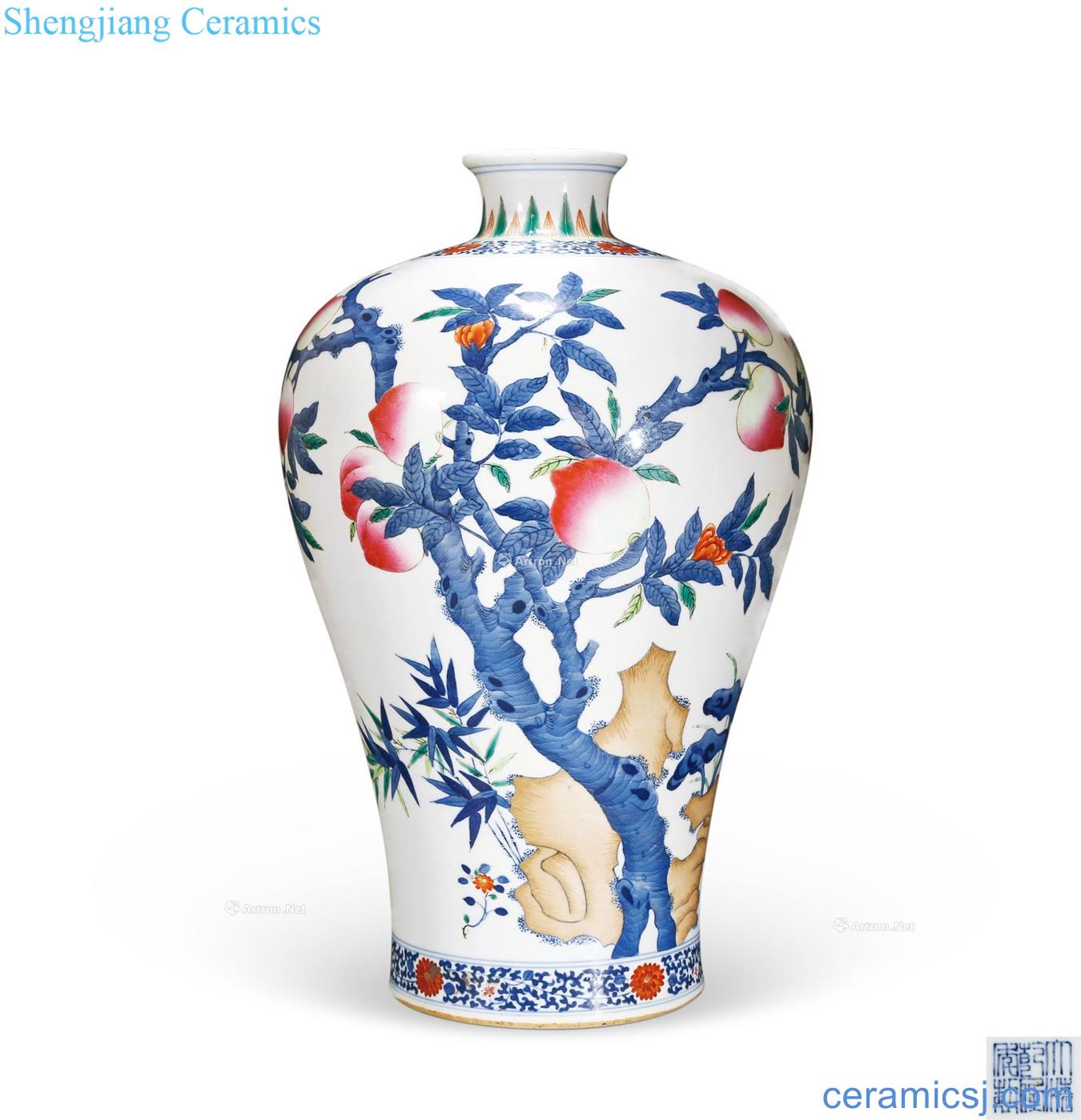 Qing guangxu Blue and white enamel nine peach plum bottle