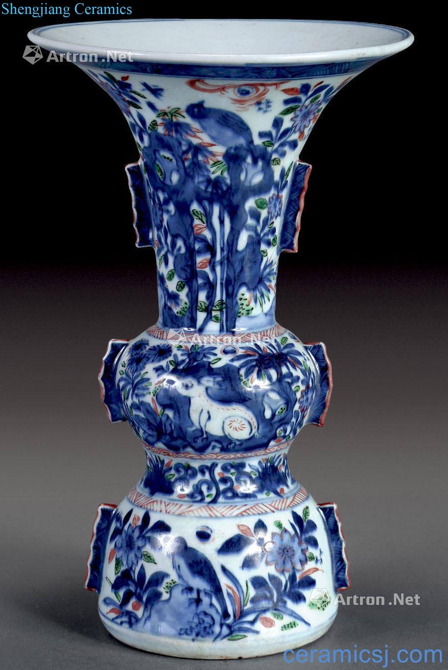 Ming Blue and white red, green, decorated vase with