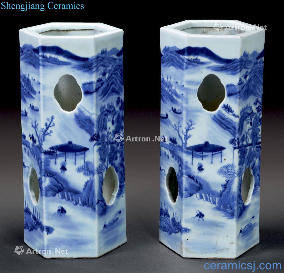 qing Blue and white landscape character six-party cap tube (2)
