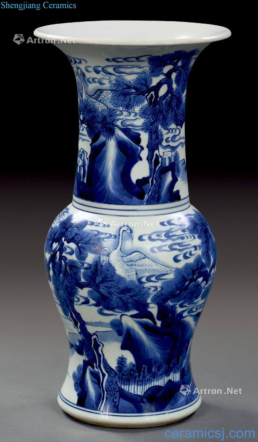 qing Blue and white pine crane live lines vase with flowers