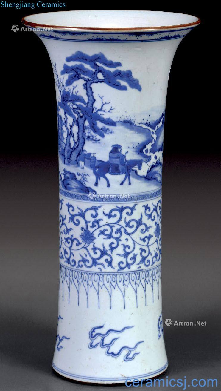 qing Blue and white flower vase with landscape characters