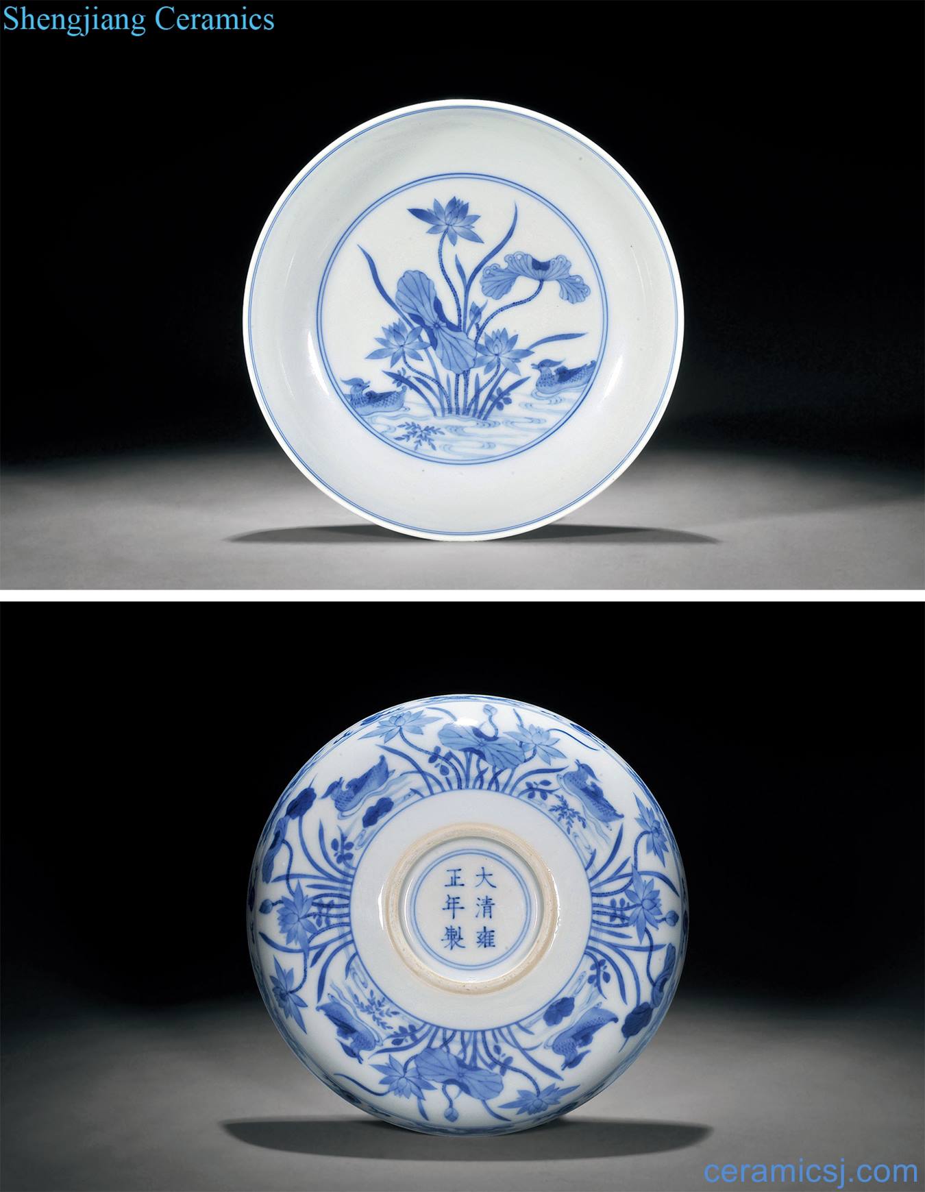 Qing yongzheng blue lotus pond yuanyang figure lying foot bowl