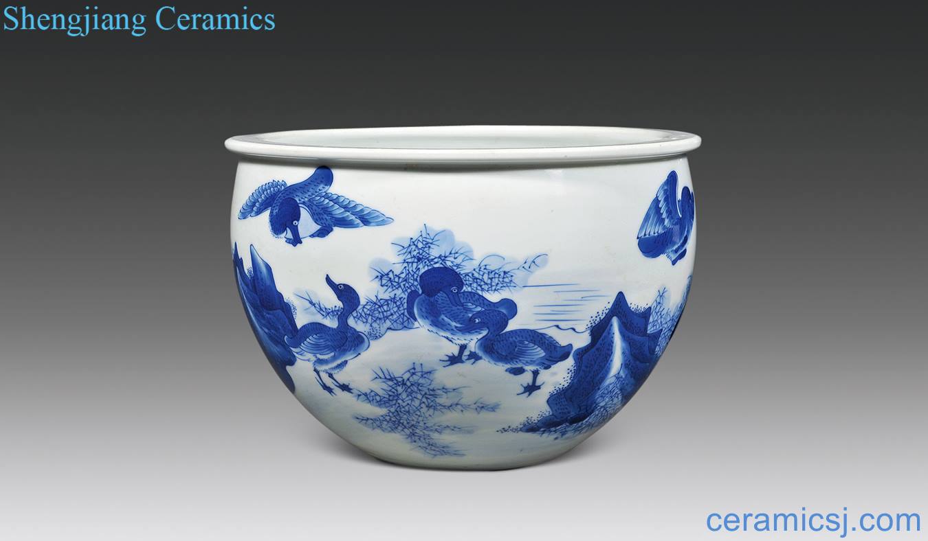 qing Blue and white LuYan figure small cylinder
