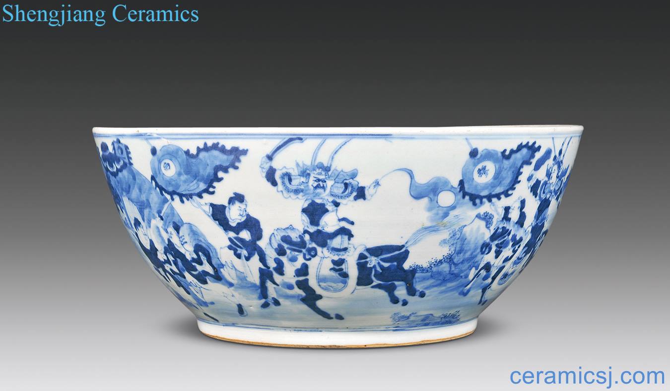 In late qing dynasty Stories of blue and white Yang warrior figure large bowl