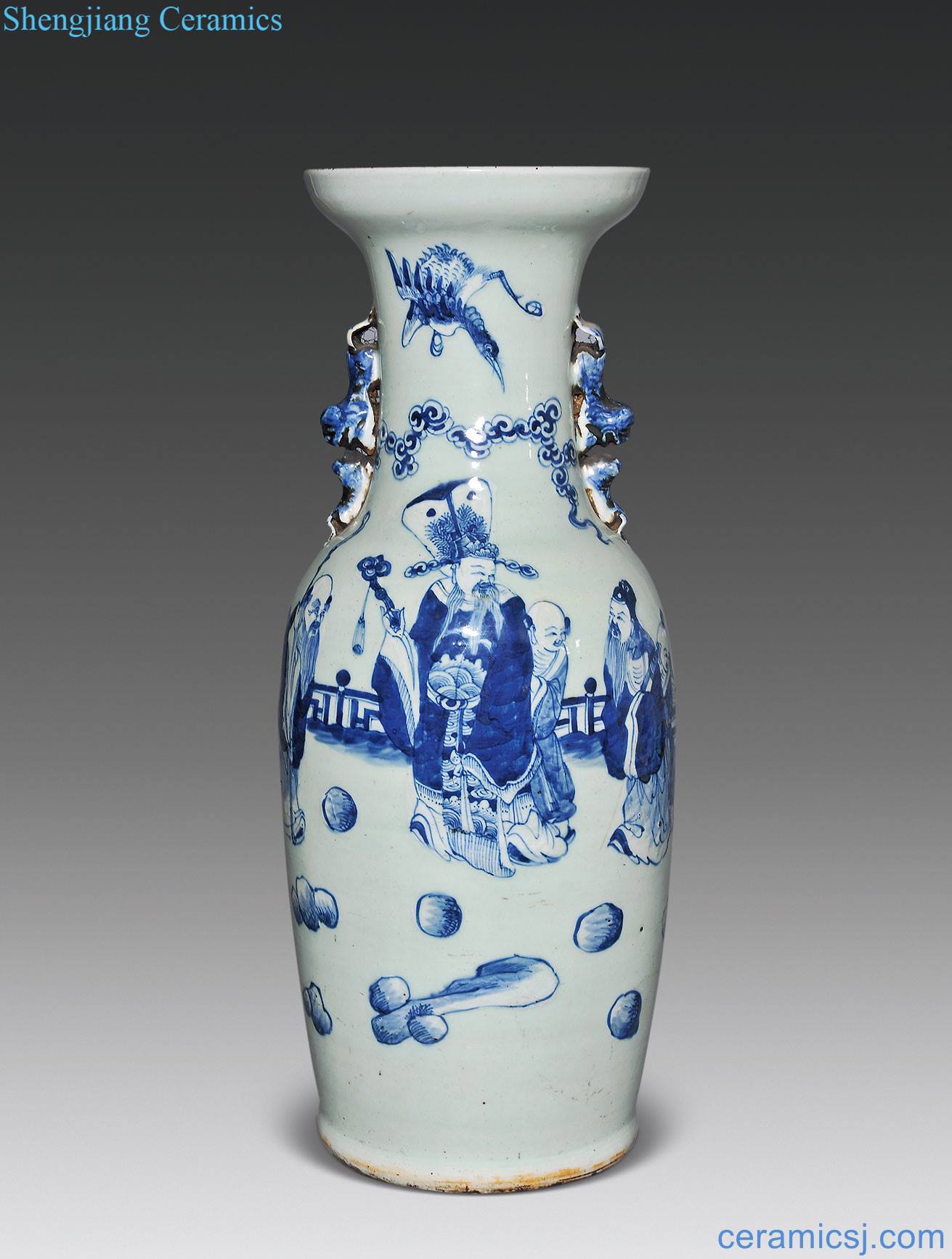 In late qing dynasty Blue glaze of pale blue and white lion three map ear big bottle